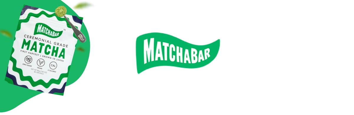 MatchaBar wordmark next to a hand holding an iced matcha latte