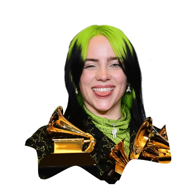 Cut-out portrait of Billie Eilish with green hair