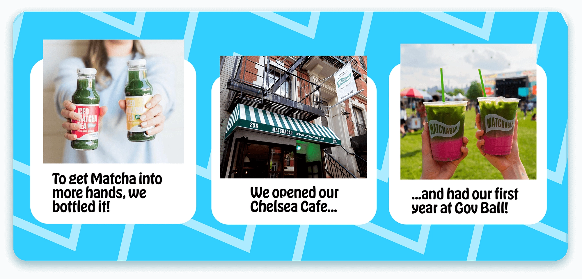 Blue timeline panel with three photos of bottles and a new cafe