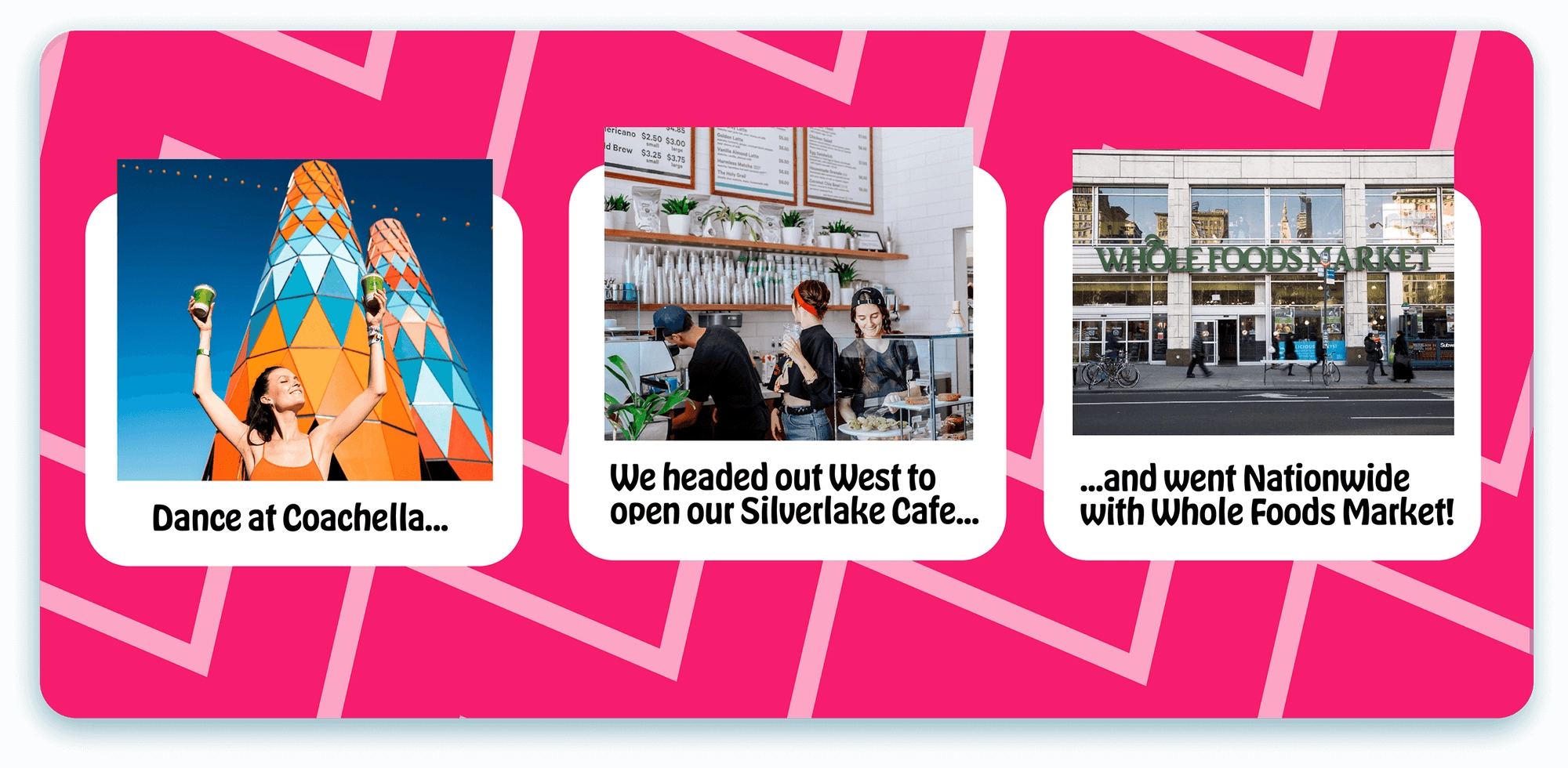 Pink timeline panel with three photos of festival and storefront moments