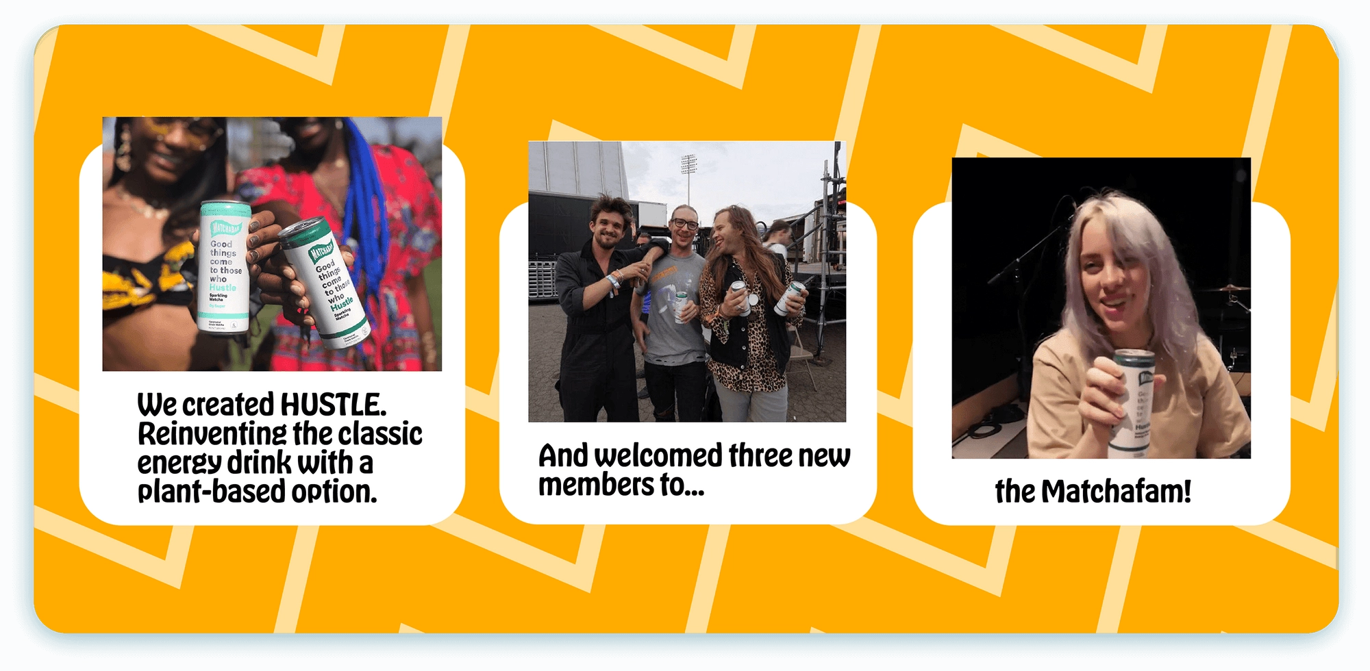 Yellow timeline panel with three photos of a launch and new team members