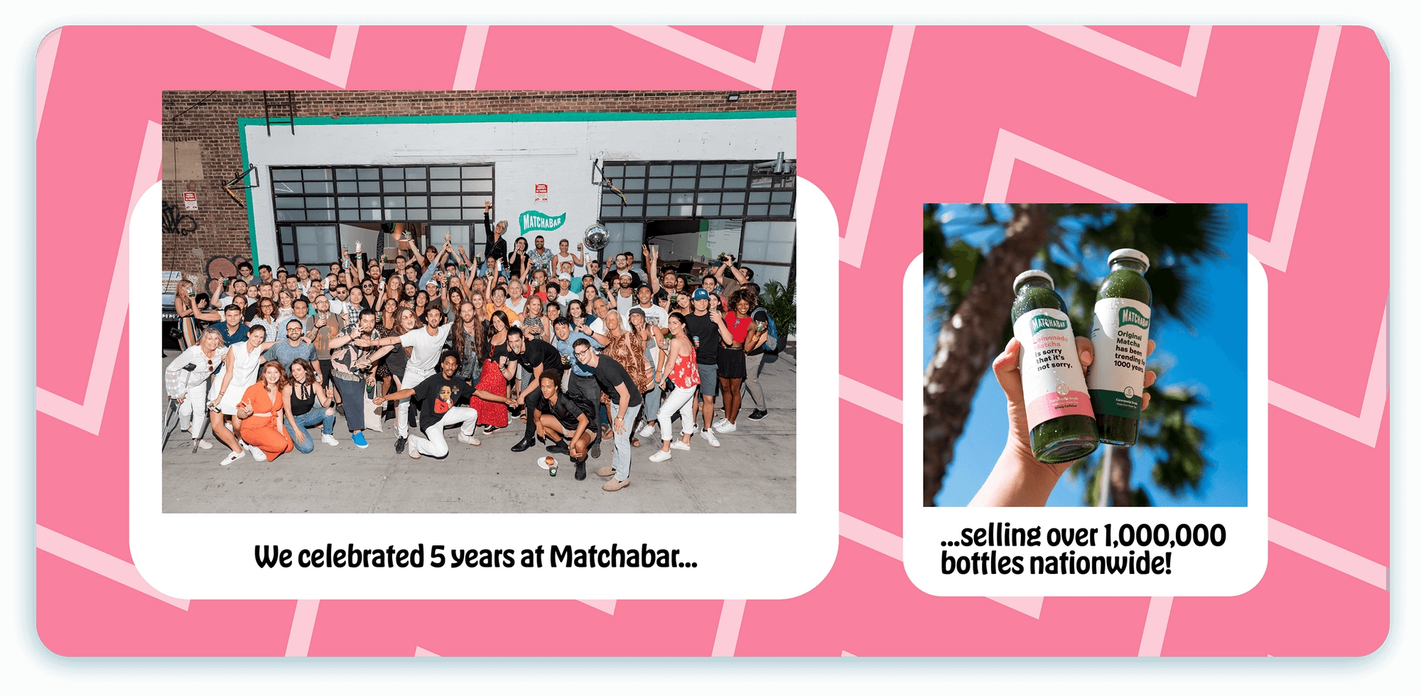 Pink and white timeline panel with a crowd photo and bottles